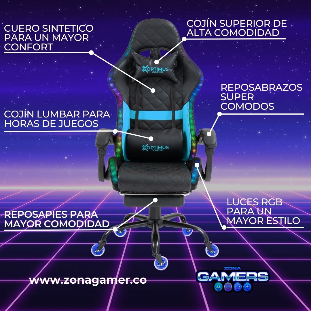Silla gamer Armor Blue con luces RGB + reposapiés y ruedas en silicona