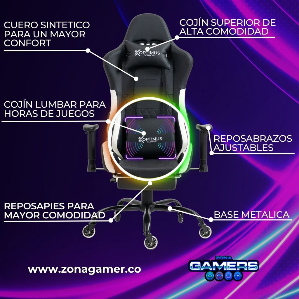Silla Gamer CIR-1001F White con masajeador lumbar y reposapiés incluido