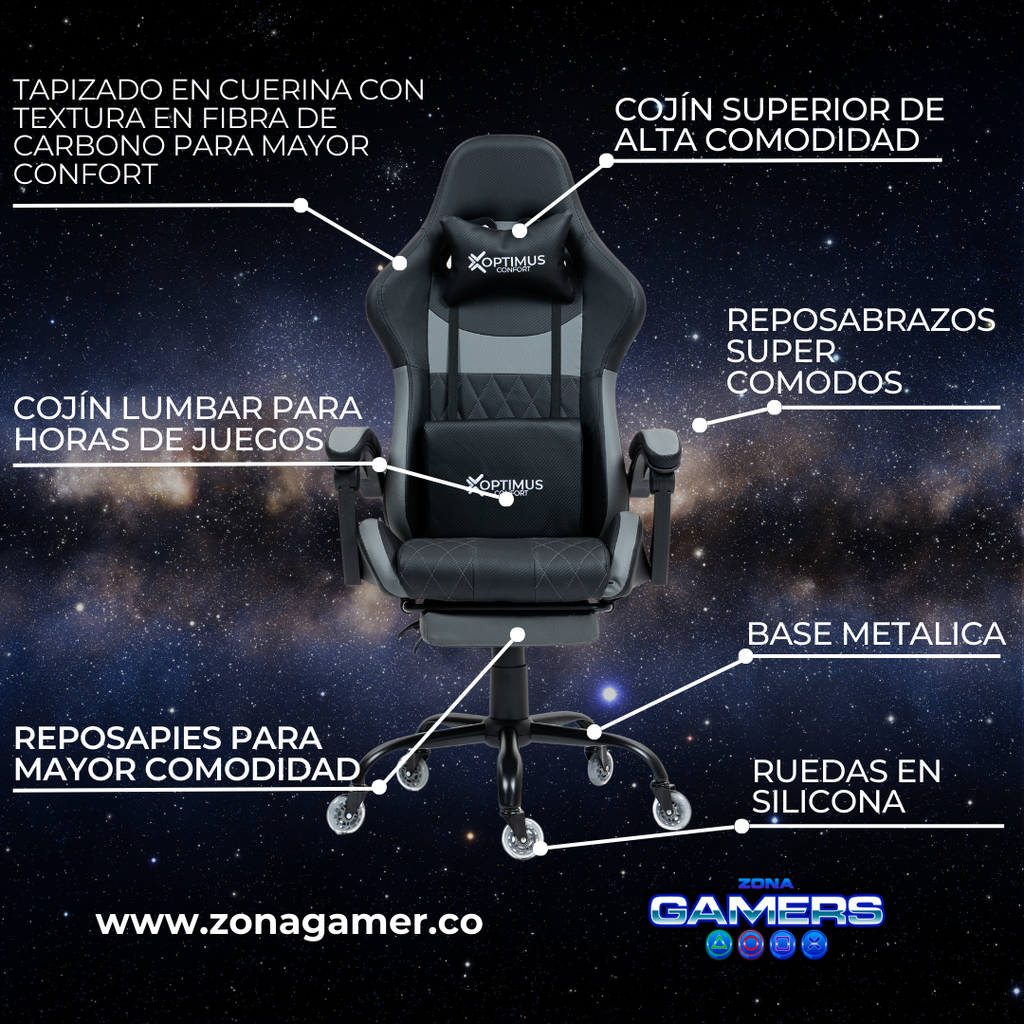 Silla Gamer CIR-1039F Grey con reposapiés y ruedas en silicona