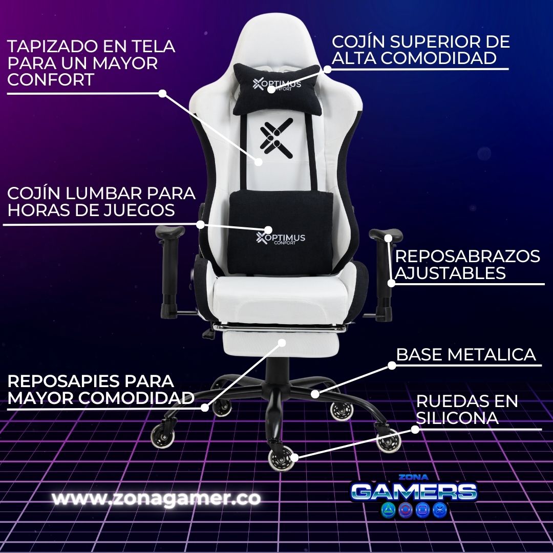 Silla Gamer CO-1102F White, tapizada en tela con reposapiés y ruedas en silicona