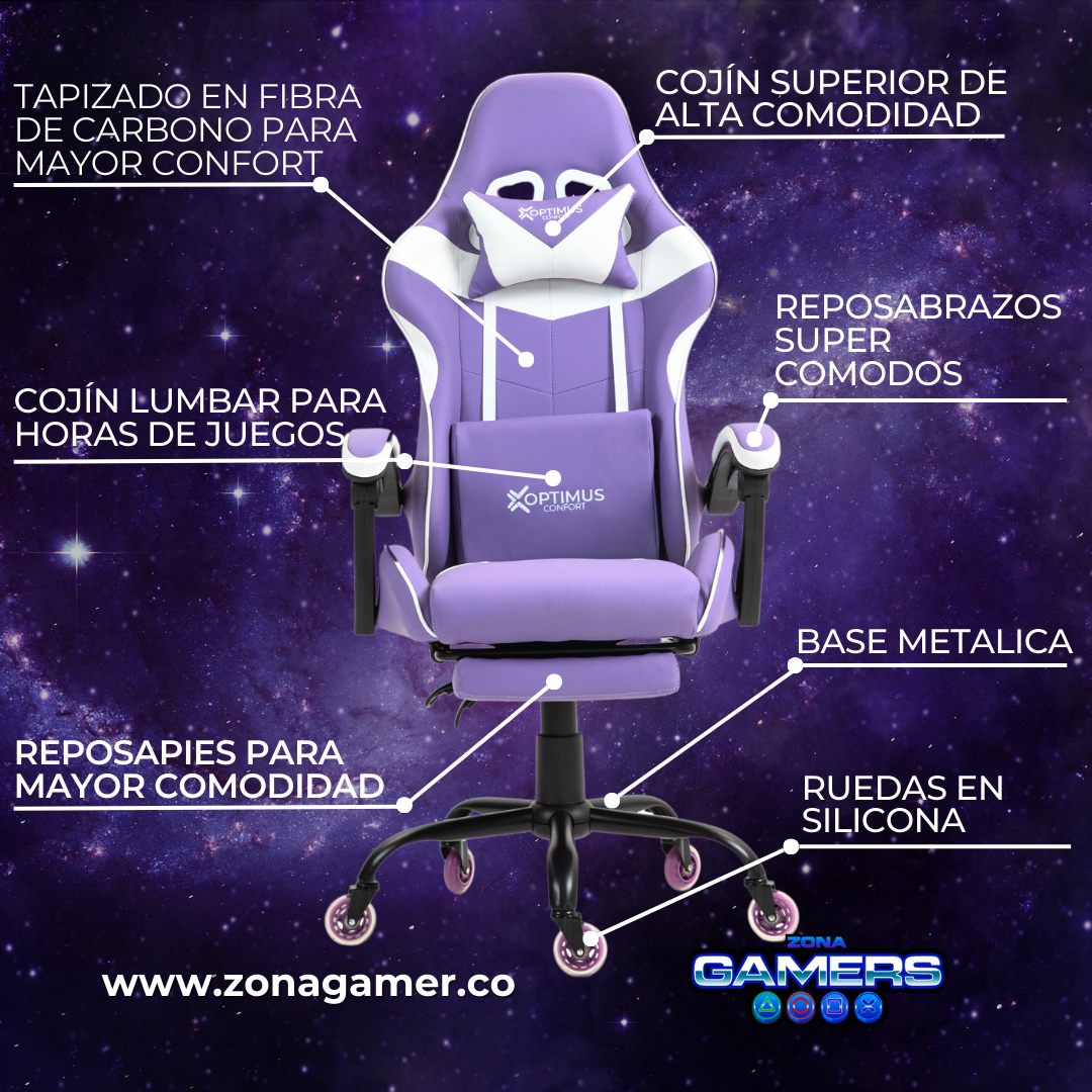 Silla Gamer AQ-1039F Lilac con reposapiés y ruedas en silicona