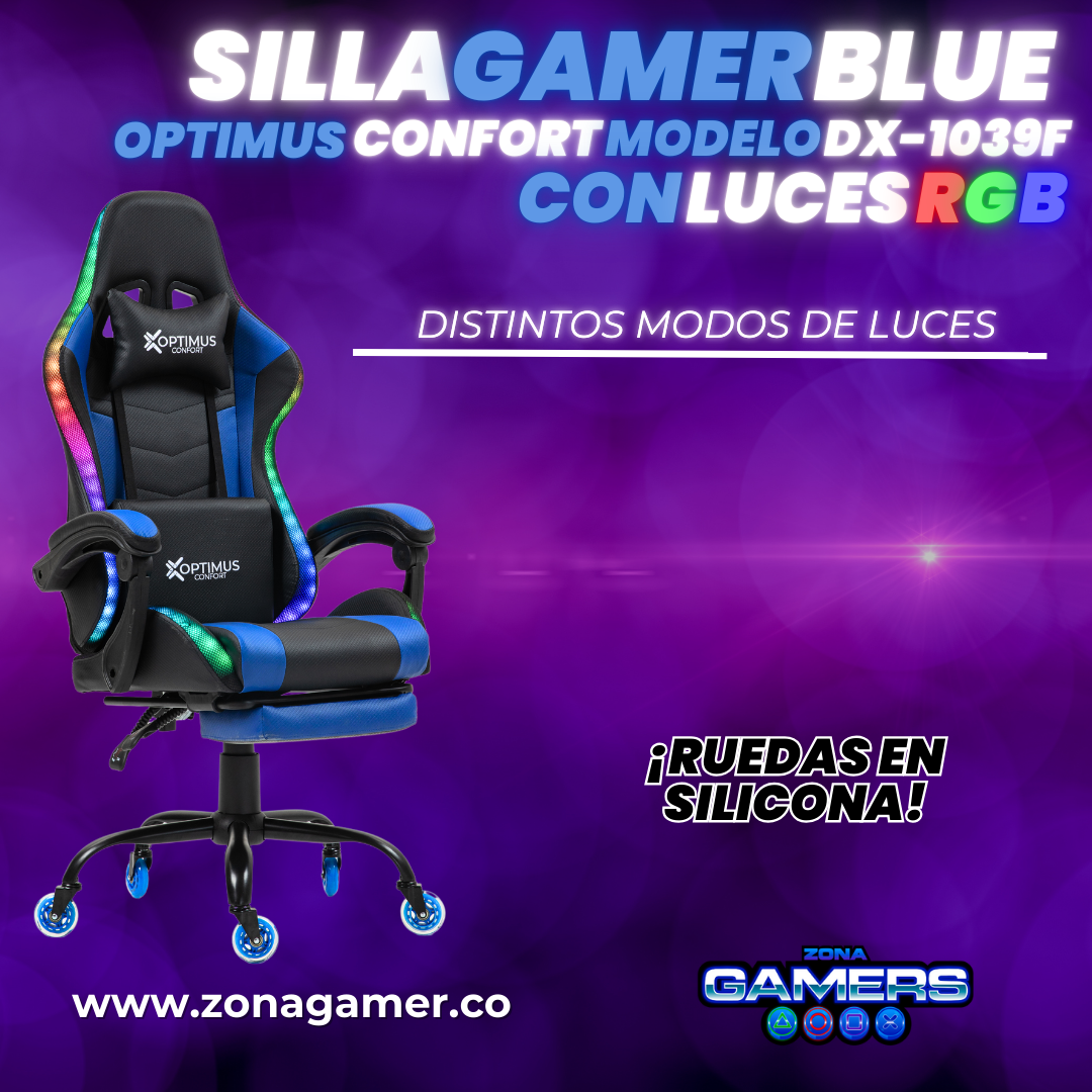 Silla gamer DX-1039F Blue con luces RGB + reposapiés y ruedas en silicona