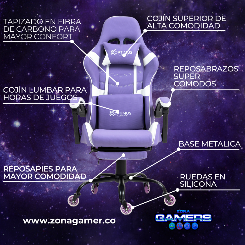 Silla Gamer E-1127F Lilac con reposapiés y ruedas en silicona