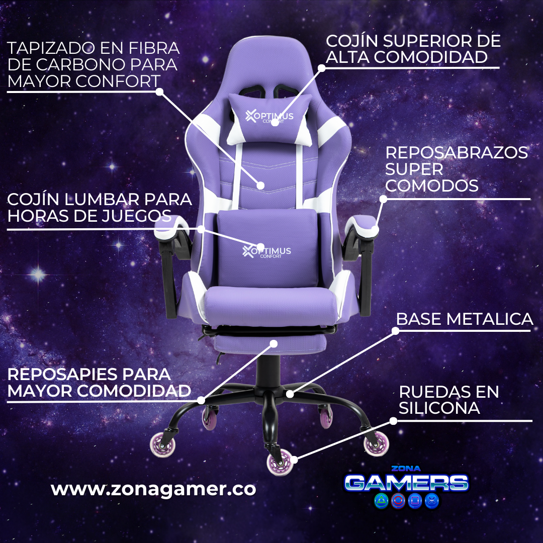Silla Gamer E-1127F Lilac con reposapiés y ruedas en silicona