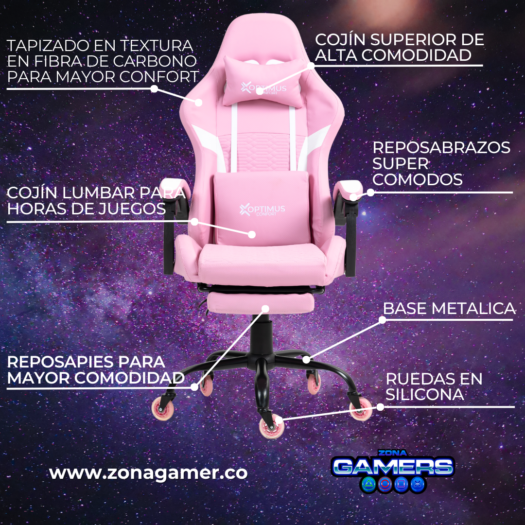 Silla Gamer Titan-1039F Pink con reposapiés y ruedas en silicona