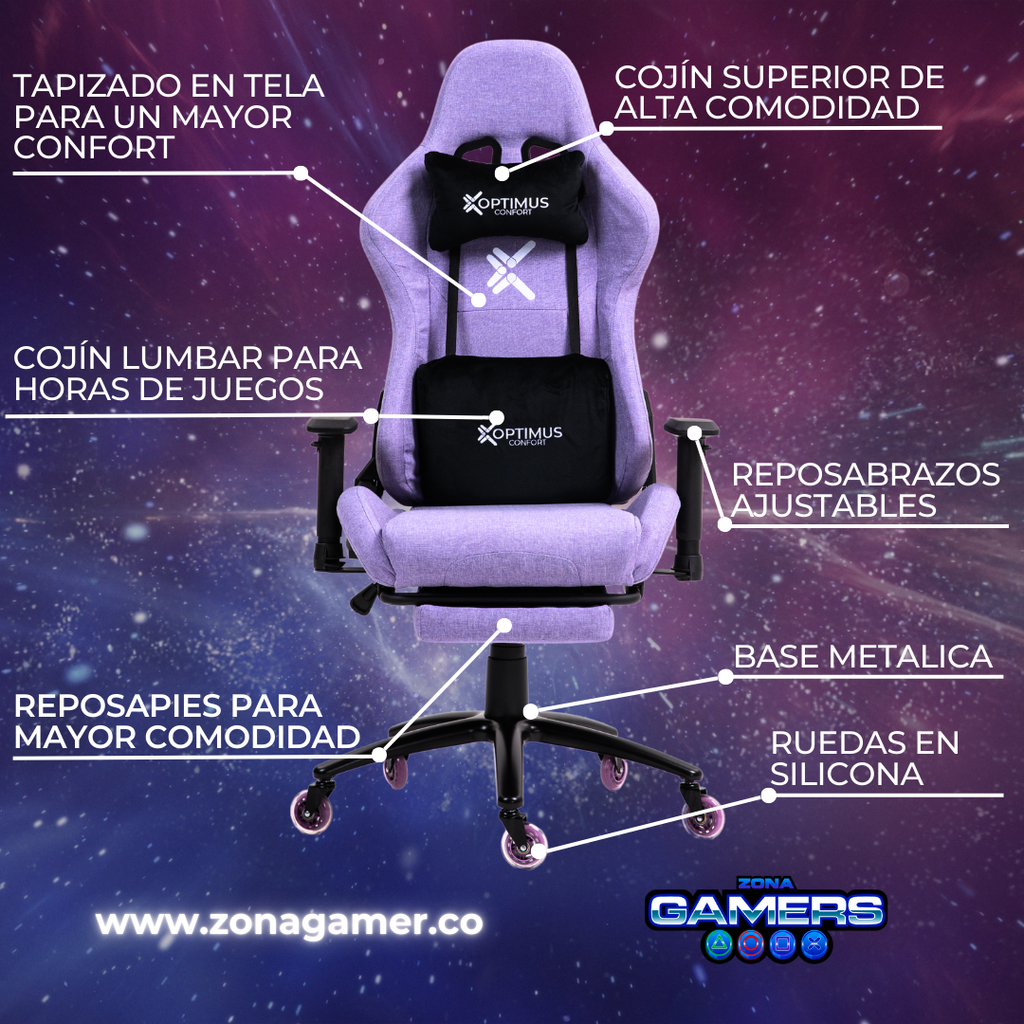 Silla Gamer CO-1102F Purple, tapizada en tela con reposapiés y ruedas en silicona