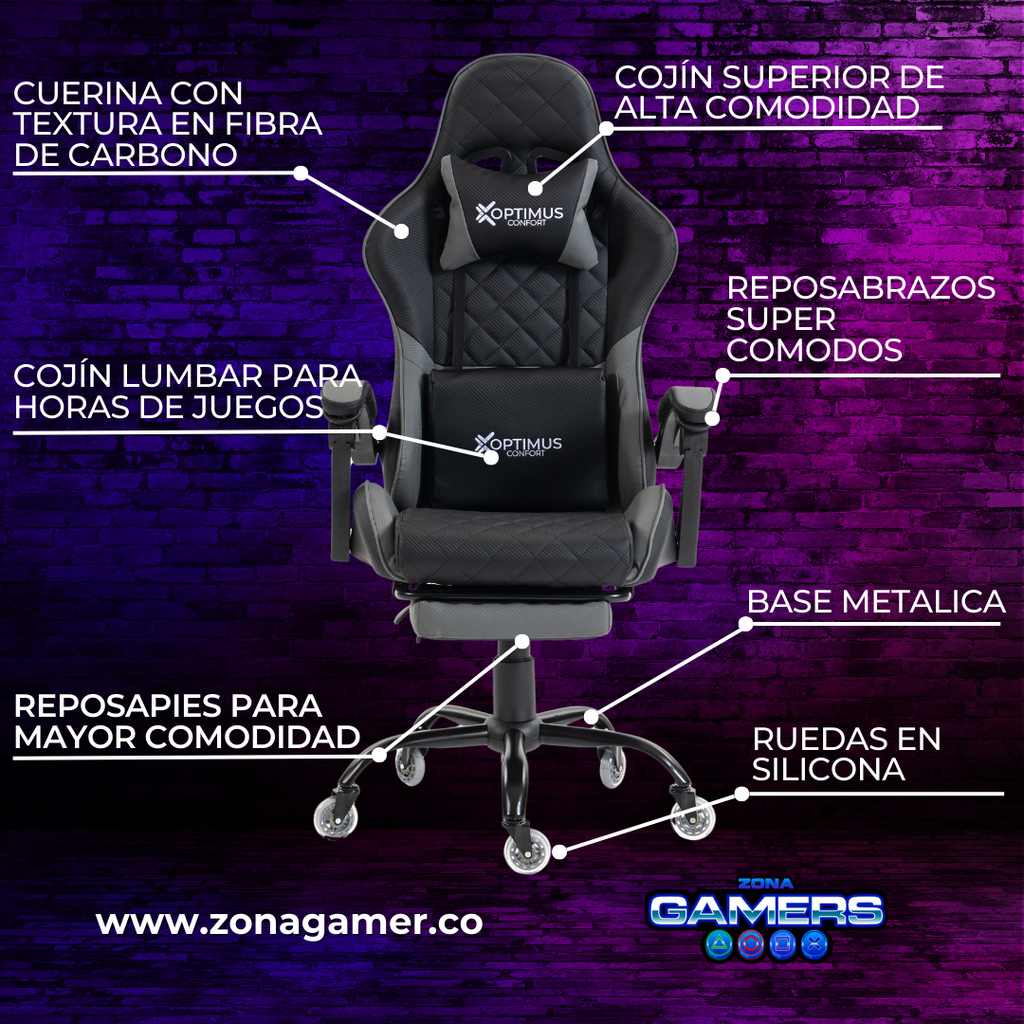 Silla Gamer ARMOR-1039F Grey con reposapiés y ruedas en silicona