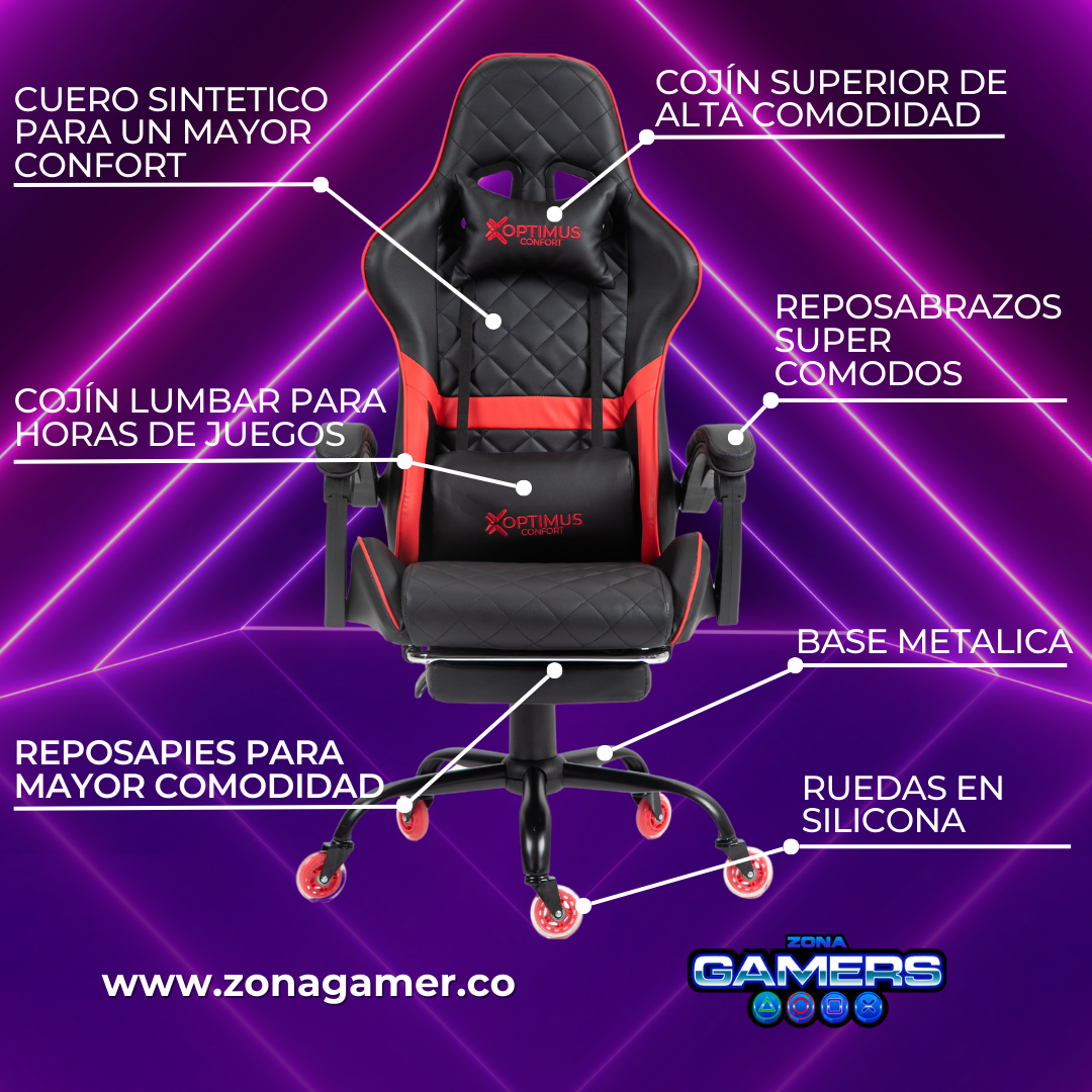 Silla Gamer ARMOR-1039F Red con reposapiés y ruedas en silicona