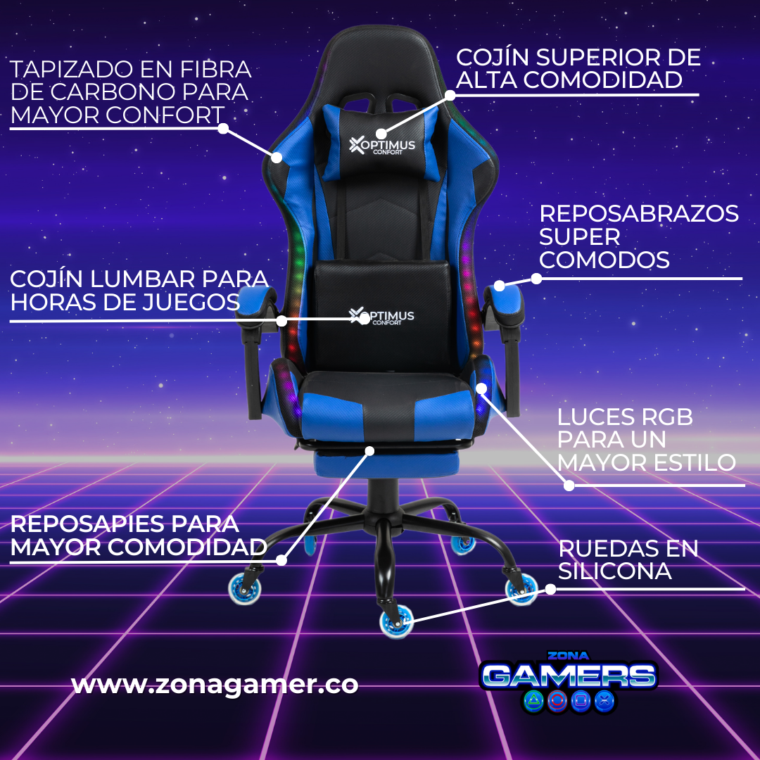 Silla gamer GT-1039F Blue con luces RGB + reposapiés y ruedas en silicona
