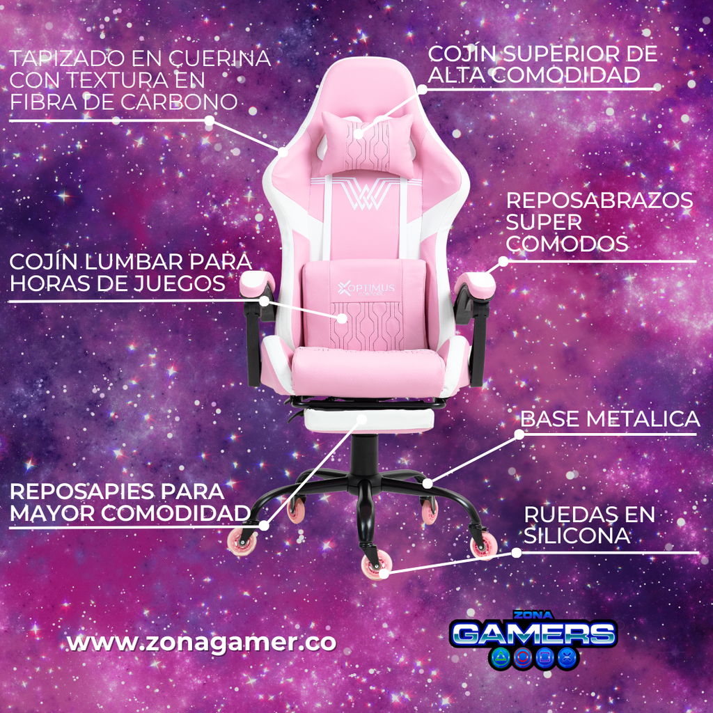 Silla Gamer DOWLINE-1039F Pink con reposapiés y ruedas en silicona