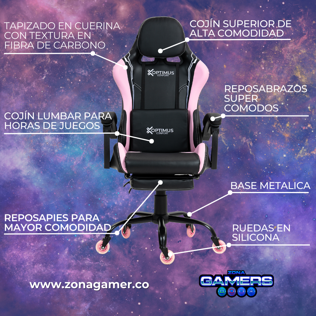 Silla Gamer Fly-1039F Pink con reposapiés y ruedas en silicona