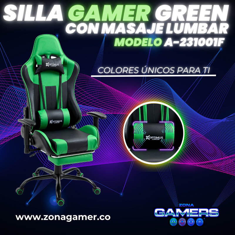 Silla Gamer A231001F Green  con masajeador lumbar y reposapies incluido