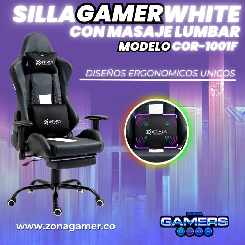 Silla Gamer COR-1001F White con masajeador lumbar y reposapiés incluido
