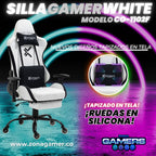 Silla Gamer White + masajeador lumbar, tapizada en tela con reposapiés y ruedas en silicona