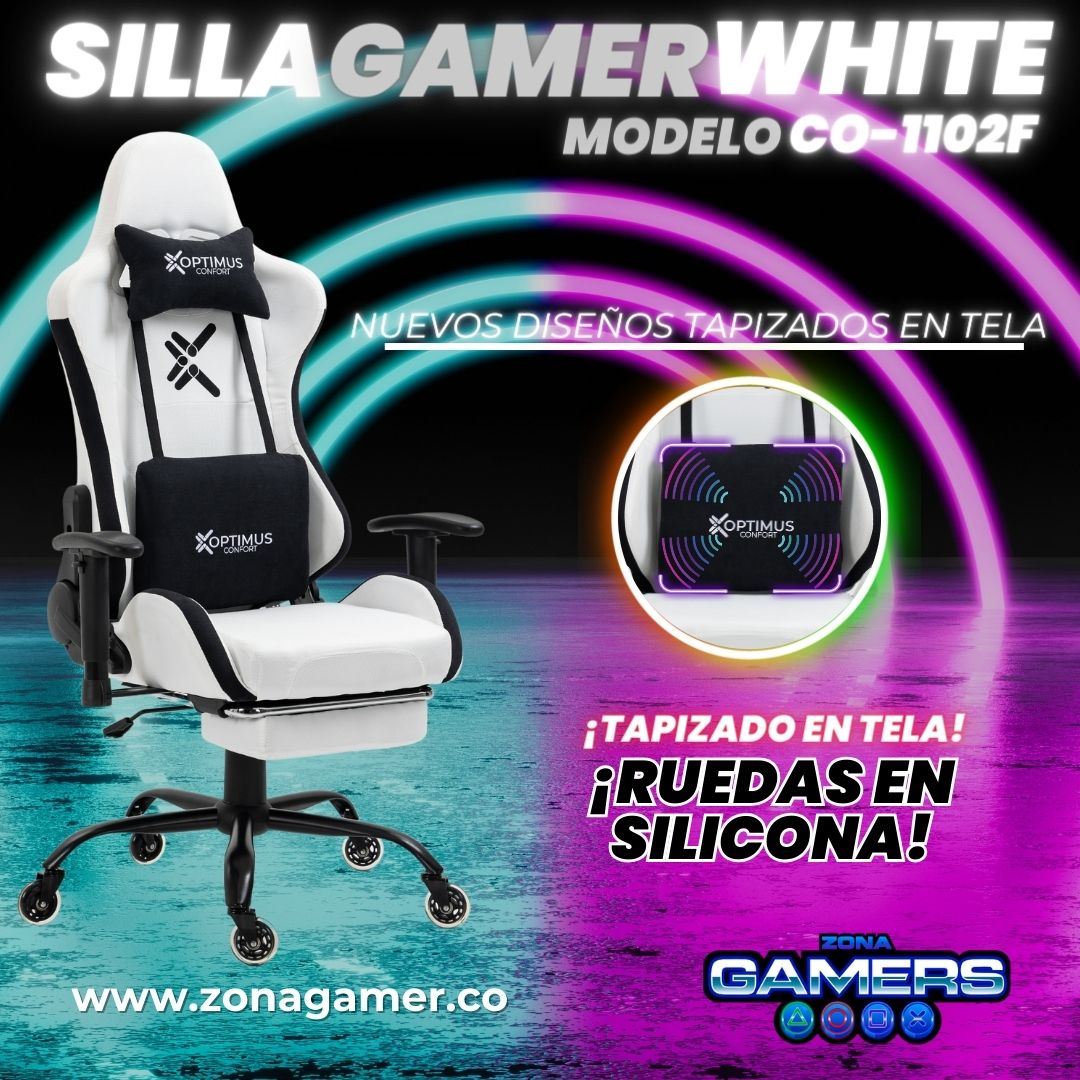 Silla Gamer White + masajeador lumbar, tapizada en tela con reposapiés y ruedas en silicona