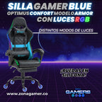 Silla gamer Armor Blue con luces RGB + reposapiés y ruedas en silicona