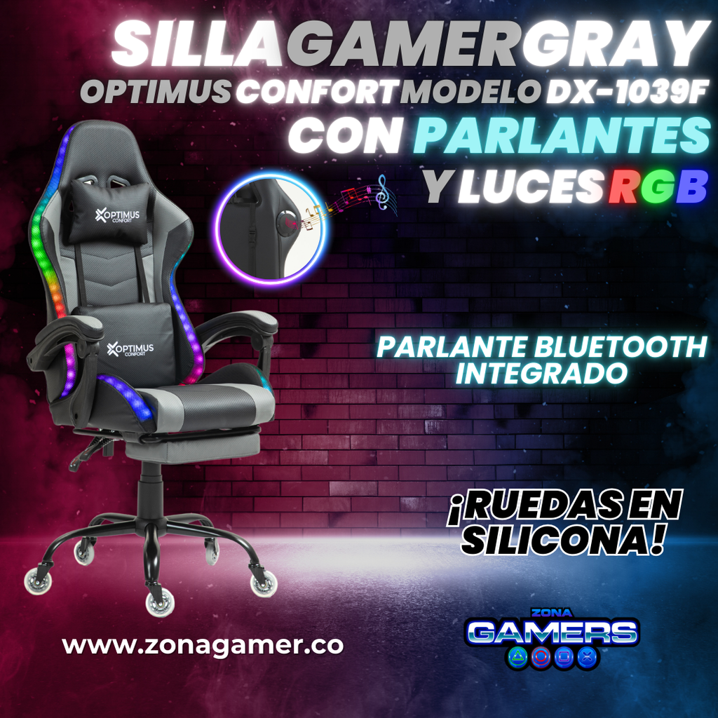 Silla gamer DX-1039F Gray con luces RGB + Parlantes + reposapiés y ruedas en silicona