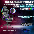 Silla gamer DX-1039F Gray con luces RGB + Parlantes + reposapiés y ruedas en silicona