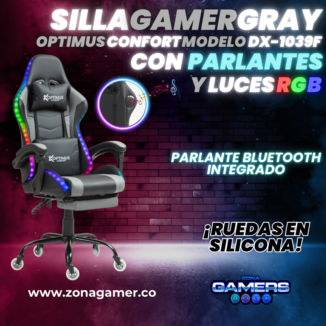 Silla gamer DX-1039F Gray con luces RGB + Parlantes + reposapiés y ruedas en silicona