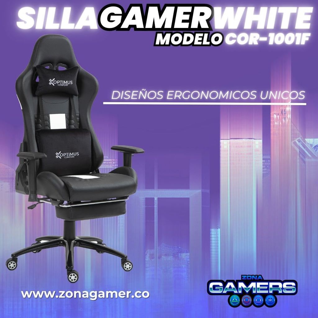 Silla Gamer COR-1001F White con reposapiés