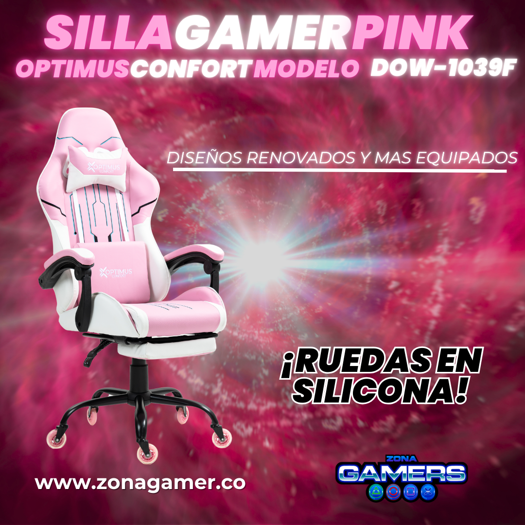 Silla Gamer DOW-1039F Pink con reposapiés y ruedas en silicona