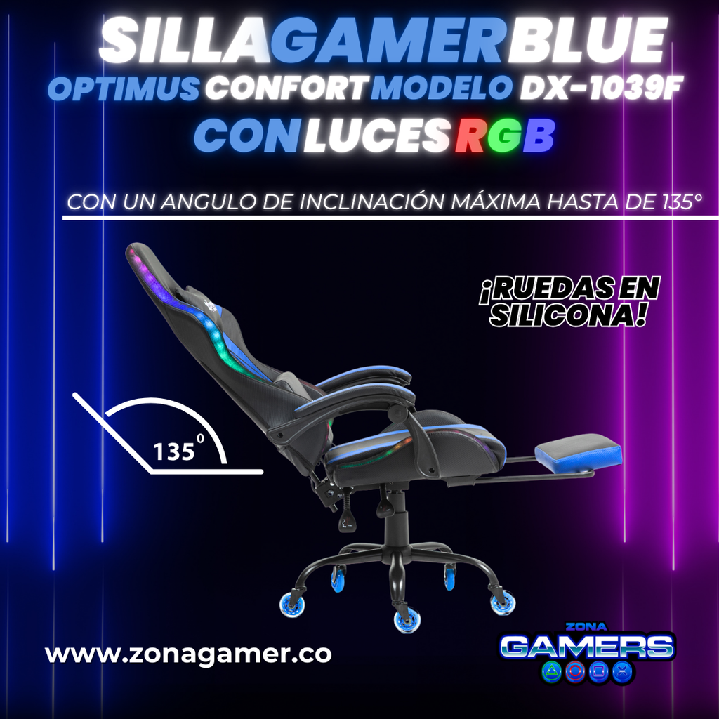 Silla gamer DX-1039F Blue con luces RGB + reposapiés y ruedas en silicona