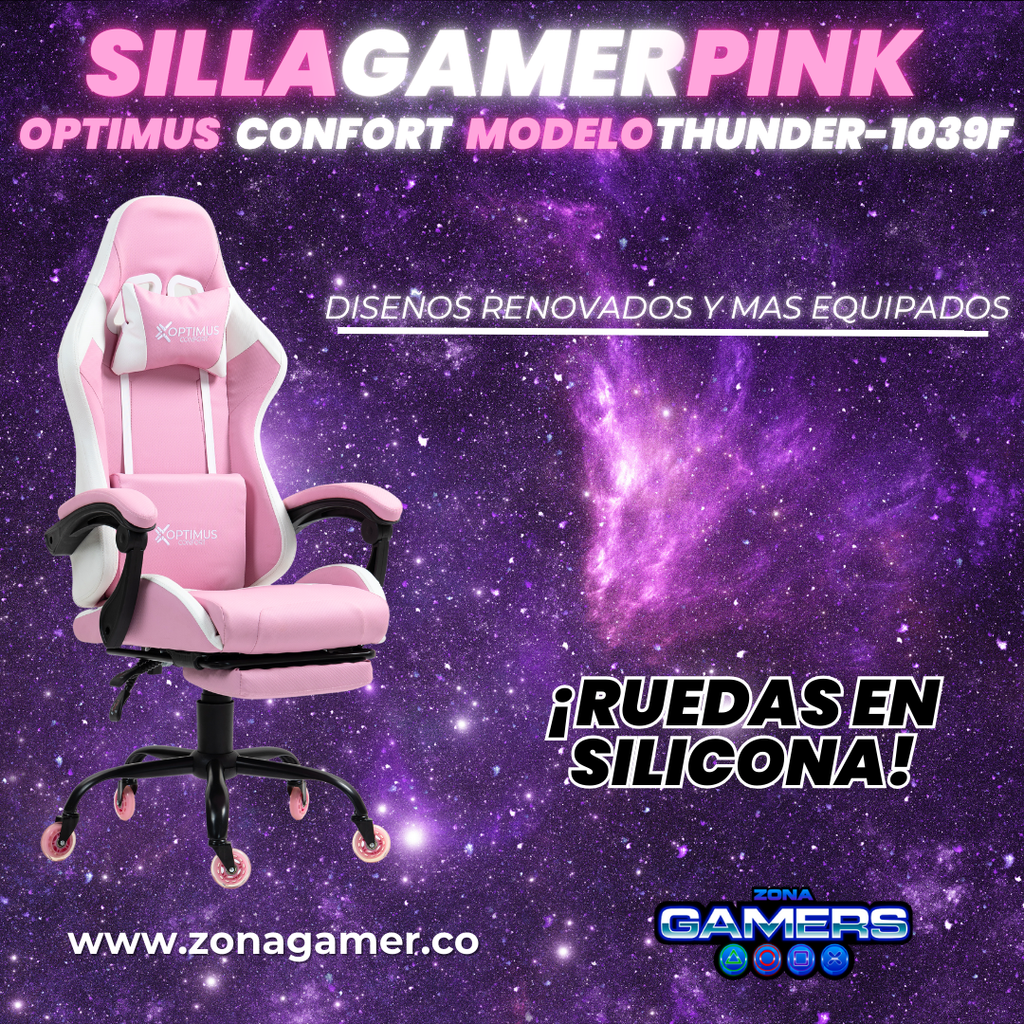 Silla Gamer Thunder-1039F Pink con reposapiés y ruedas en silicona