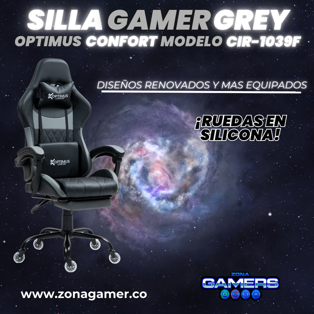 Silla Gamer CIR-1039F Grey con reposapiés y ruedas en silicona