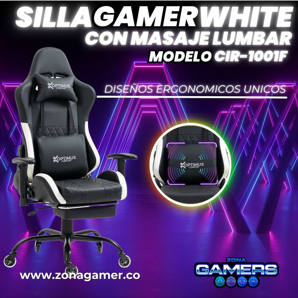 Silla Gamer CIR-1001F White con masajeador lumbar y reposapiés incluido