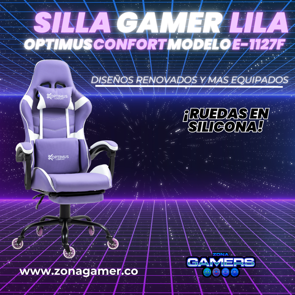 Silla Gamer E-1127F Lilac con reposapiés y ruedas en silicona