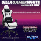 Silla Gamer CO-1102F White, tapizada en tela con reposapiés y ruedas en silicona