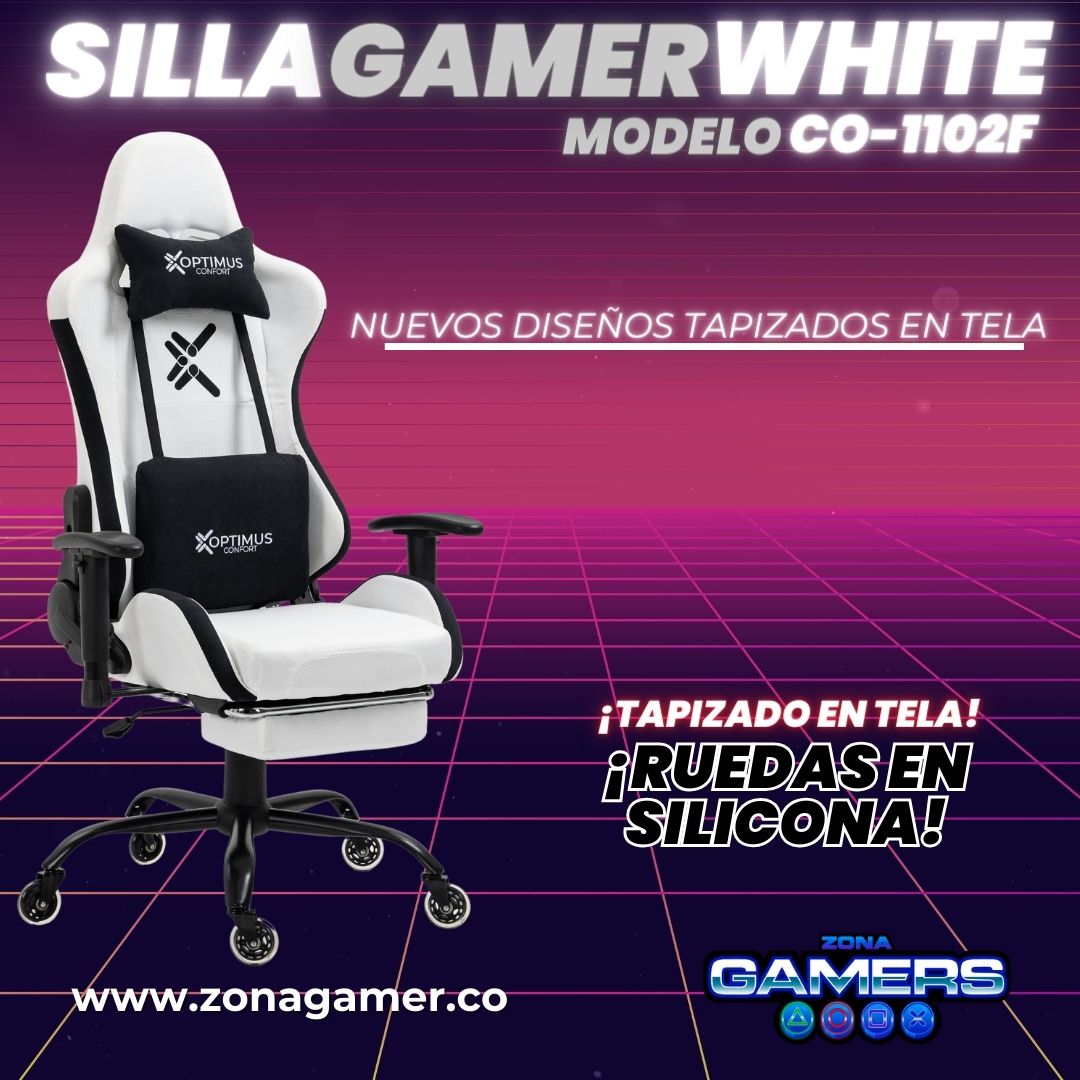 Silla Gamer CO-1102F White, tapizada en tela con reposapiés y ruedas en silicona