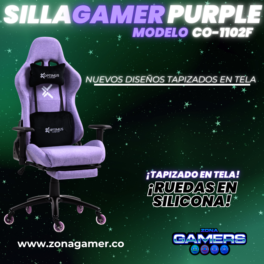 Silla Gamer CO-1102F Purple, tapizada en tela con reposapiés y ruedas en silicona