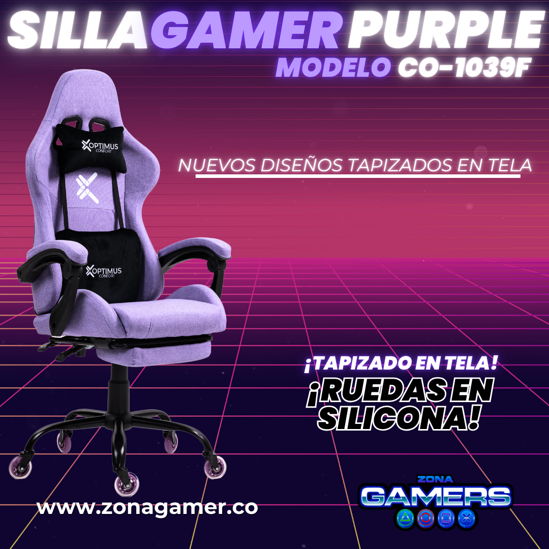 Silla Gamer CO-1039F Purpura, con tapizado en tela, reposapiés y ruedas en silicona