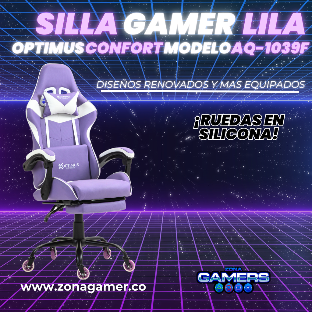 Silla Gamer AQ-1039F Lilac con reposapiés y ruedas en silicona