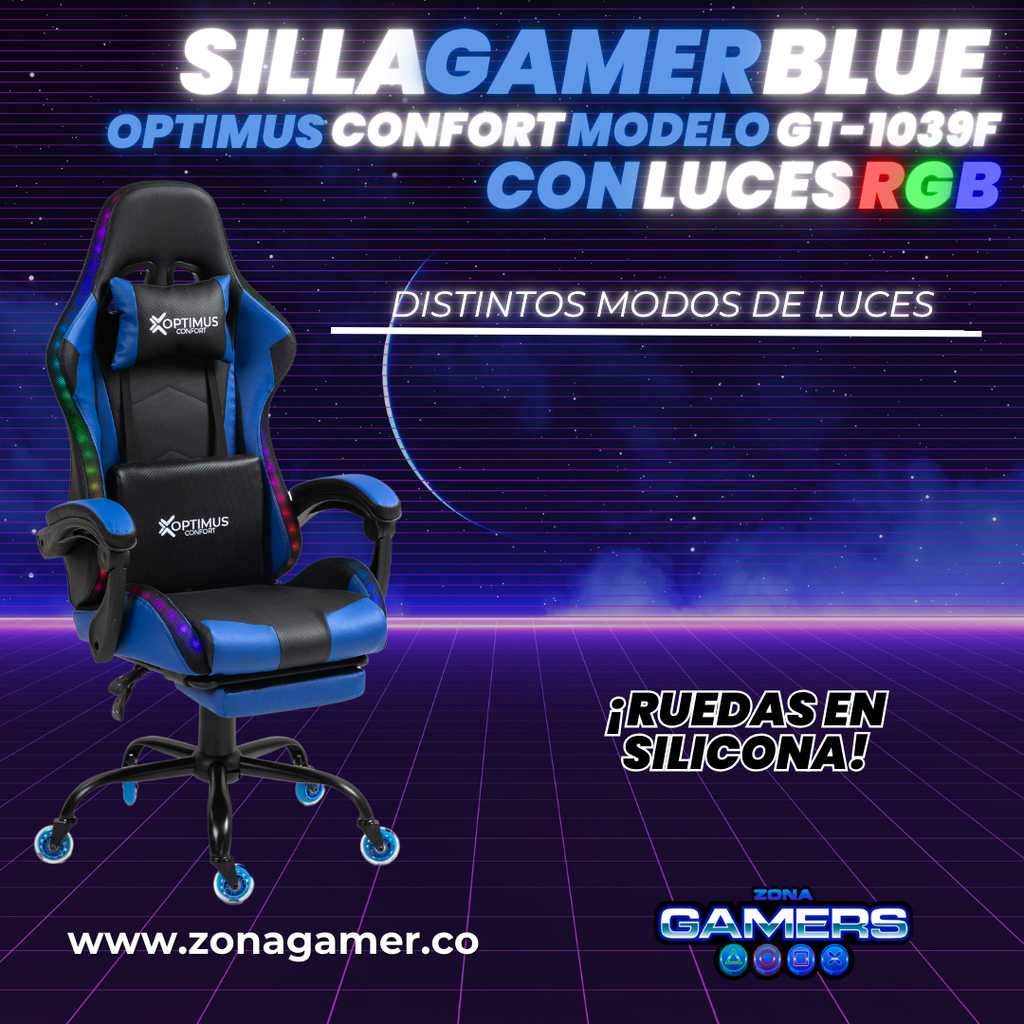 Silla gamer GT-1039F Blue con luces RGB + reposapiés y ruedas en silicona