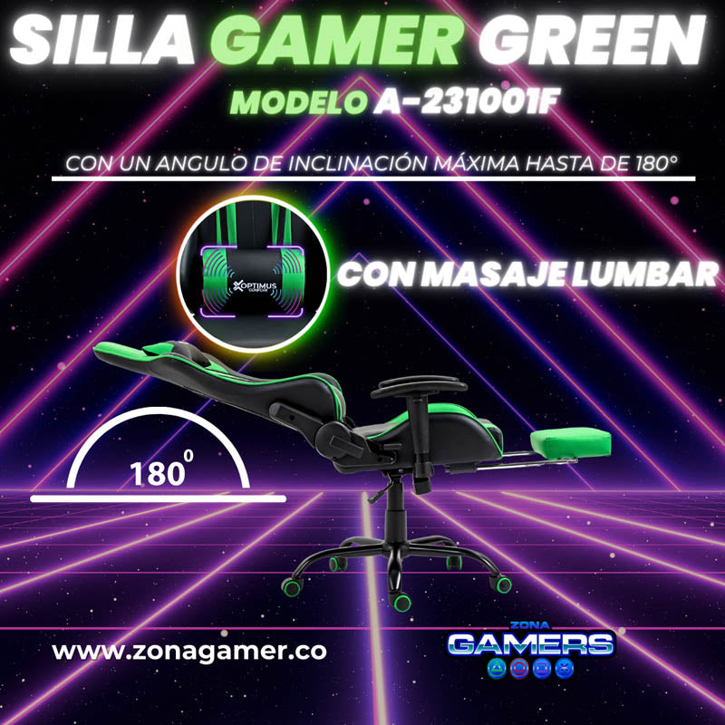 Silla Gamer A231001F Green  con masajeador lumbar y reposapies incluido