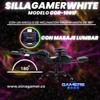 Silla Gamer COR-1001F White con masajeador lumbar y reposapiés incluido