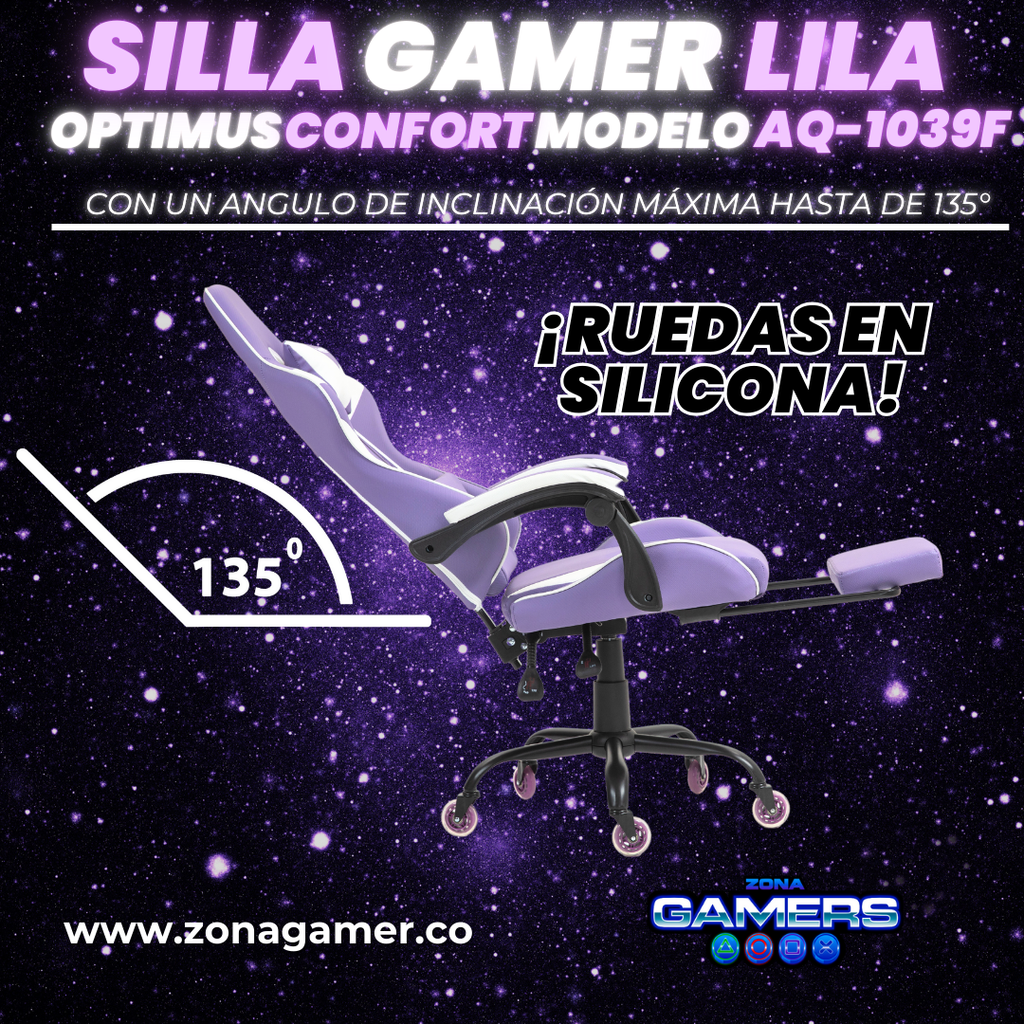 Silla Gamer AQ-1039F Lilac con reposapiés y ruedas en silicona