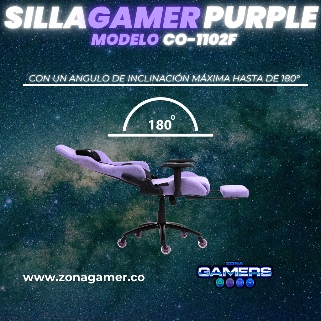Silla Gamer CO-1102F Purple, tapizada en tela con reposapiés y ruedas en silicona