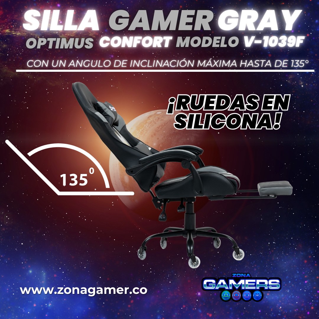 Silla Gamer V-1039F Gray con reposapiés y ruedas en silicona