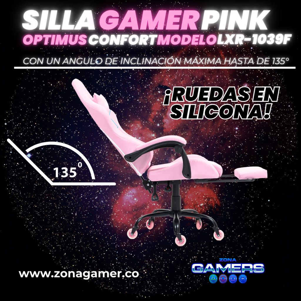 Silla Gamer LXR-1039F Pink con reposapiés y ruedas en silicona