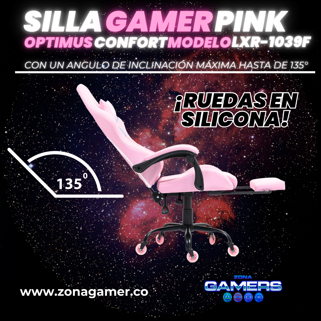 Silla Gamer LXR-1039F Pink con reposapiés y ruedas en silicona