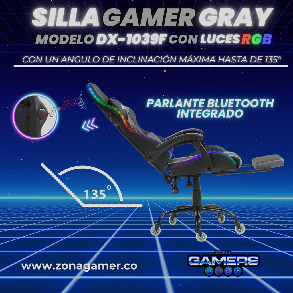 Silla gamer DX-1039F Gray con luces RGB + Parlantes + reposapiés y ruedas en silicona