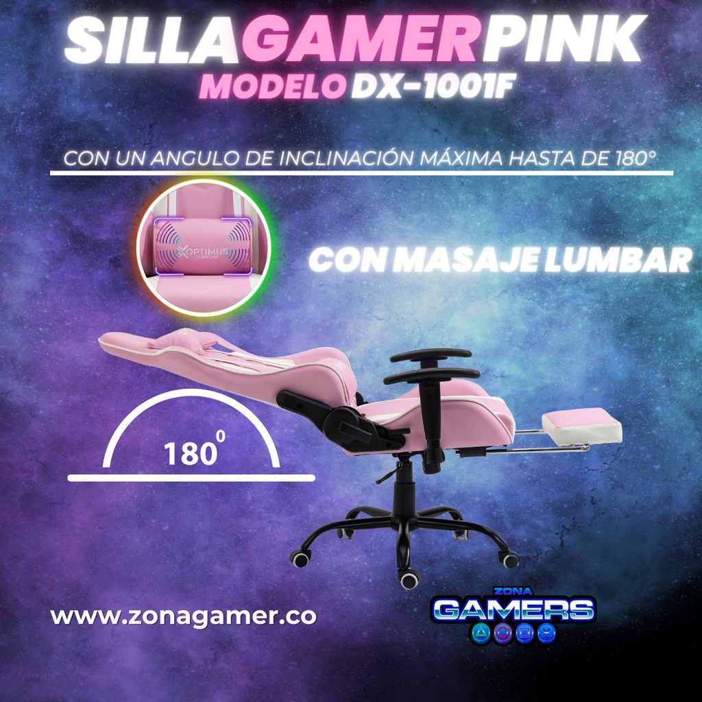 Silla Gamer DX-1001F Pink con masajeador lumbar y reposapiés incluido