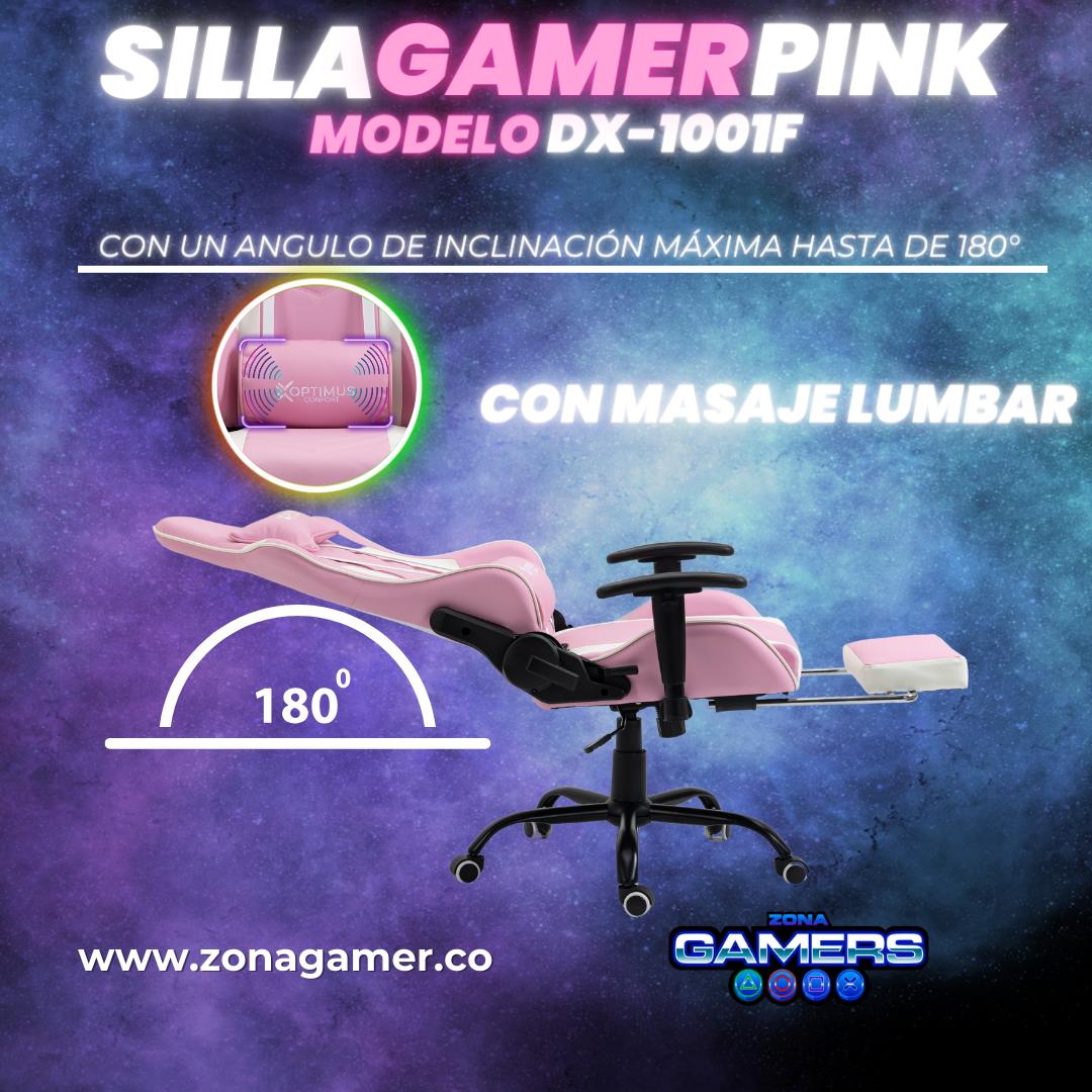 Silla Gamer DX-1001F Pink con masajeador lumbar y reposapiés incluido