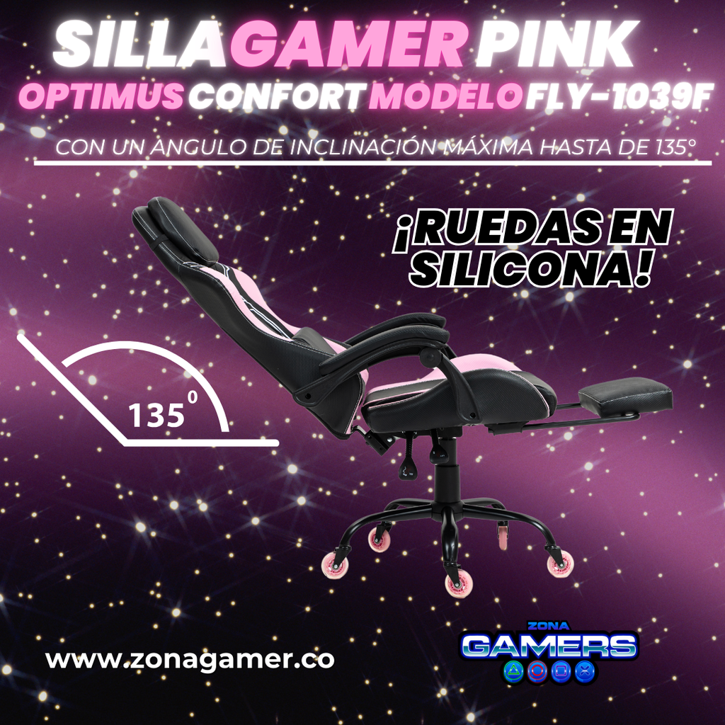Silla Gamer Fly-1039F Pink con reposapiés y ruedas en silicona