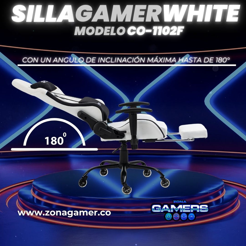Silla Gamer CO-1102F White, tapizada en tela con reposapiés y ruedas en silicona