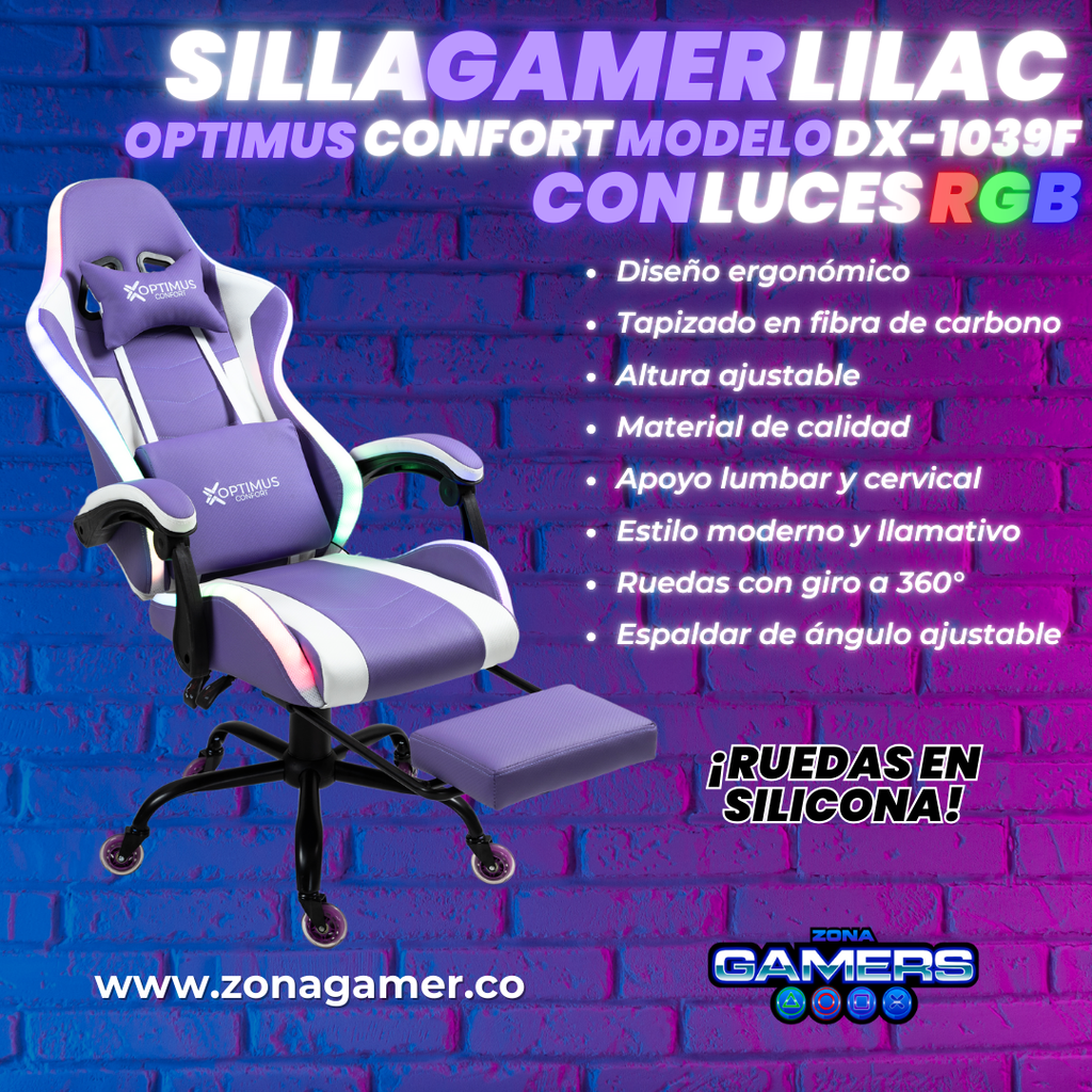Silla gamer DX-1039F Lilac con luces RGB + reposapiés y ruedas en silicona