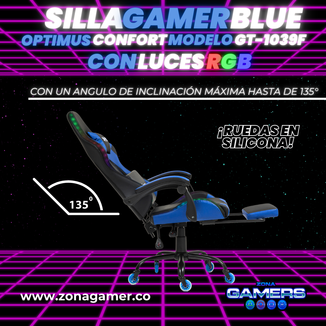 Silla gamer GT-1039F Blue con luces RGB + reposapiés y ruedas en silicona